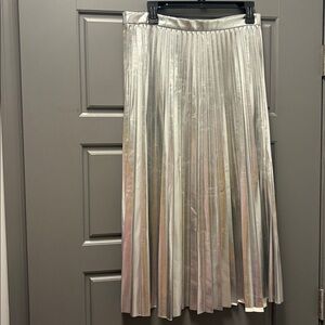 Ann Taylor Metallic Shiny Silver Pleated Midi Skirt with flare bottom